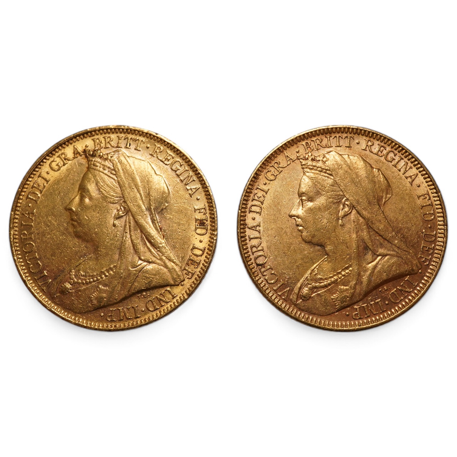 Australia gold coins, Victoria, two gold sovereigns, veiled head, 1893M, good VF and 1903M, good VF